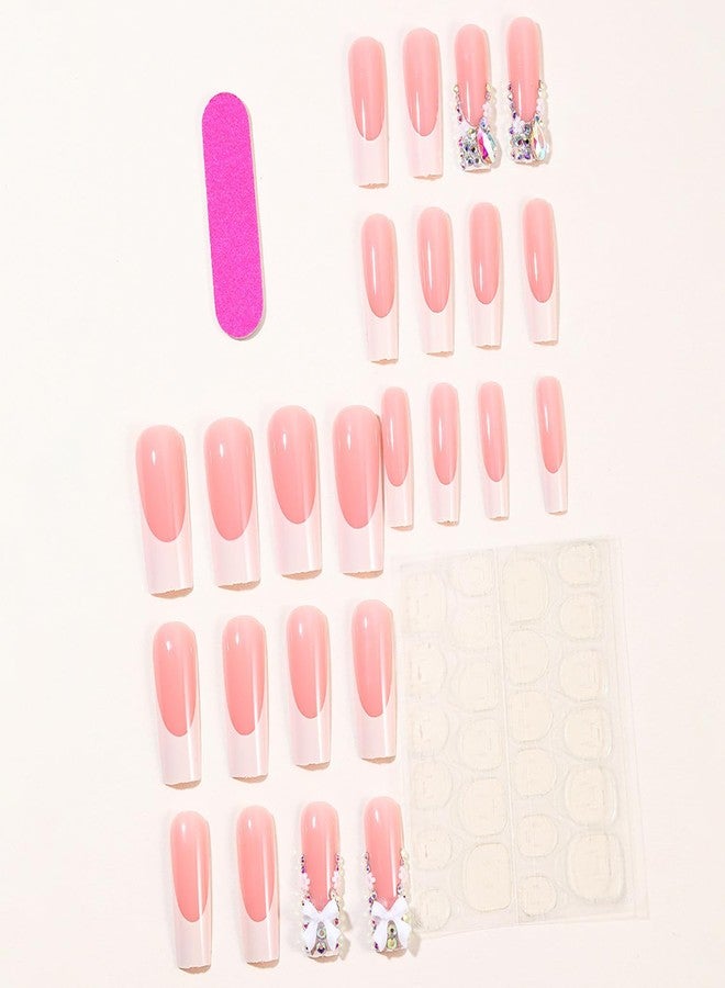 BSBTBZ 24pcs Long Press on Nails Coffin Nails Shiny with Charms French luxury Fake Nails Bow Flower Designs Cute Press ons Rhinestone Nails White French False Nail Tip Artificial Nails Finger Manicure - Image 4